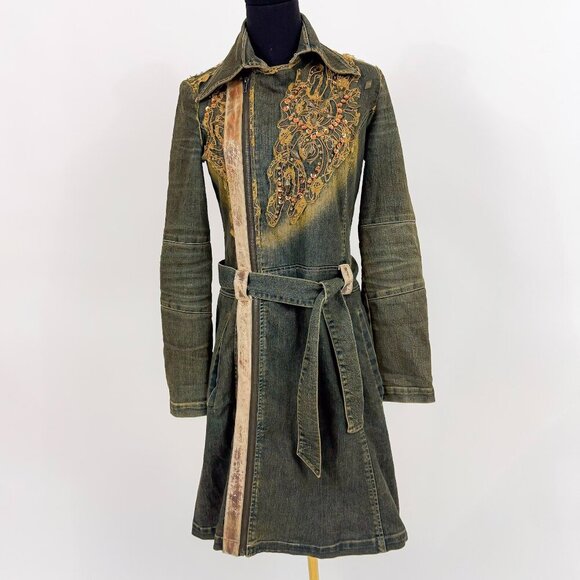 Vintage Jackets & Blazers - VINTAGE 90S ACID WASH SEQUIN DENIM TRENCH COAT JONINO
